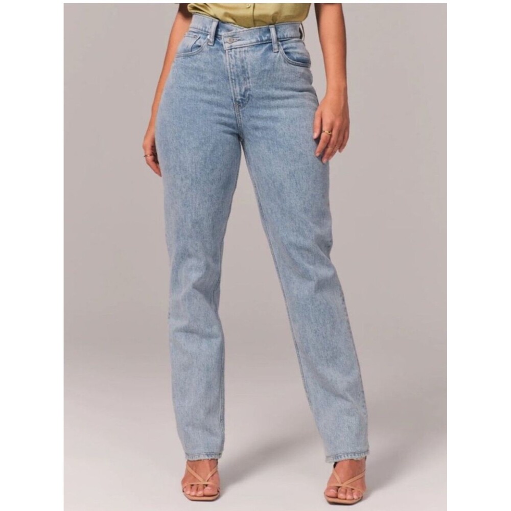 Abercrombie 90s Straight Ultra High Rise Jeans Criss Cross Light Stone Wash SZ 6